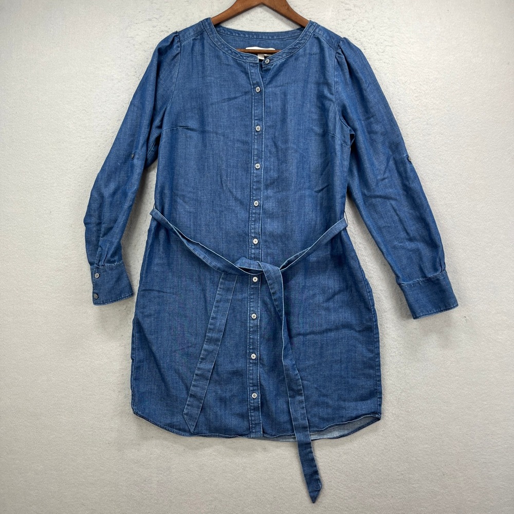LOFT Shirt Dress Womens Small Blue Denim Chambray Belted Roll Tab Sleeve Coastal